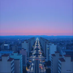 a symmetrical oil painting by hiroshi nagai of a city at dusk with a grainy blue - purple sky. hq scan