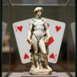 a cinematic photo of a marble statue of a rose with vines, red and green flowers and two red playing cards behind it, in the style of michelangelo, inside of a glass display at a museum, shallow depth of field