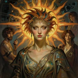 stunning, breathtaking, awe-inspiring award-winning concept art nouveau painting of attractive punk as the goddess of the sun, with anxious, piercing eyes, by Alphonse Mucha, Michael Whelan, William Adolphe Bouguereau, John Williams Waterhouse, and Donato Giancola, cyberpunk, extremely moody lighting, glowing light and shadow, atmospheric, cinematic, 8K