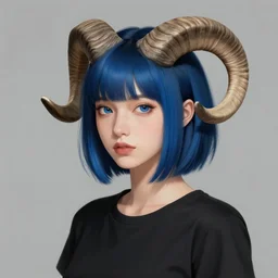 illustrated realistic portrait female ram-horned kobold with asymmetrical bob haircut blue hair with black evil devil eyes wearing strap leather armor by rossdraws
