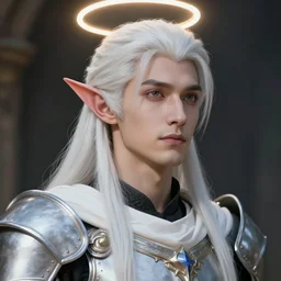 closeup portrait of a young beautiful calm and pious male aasimar paladin with white hair a halo above his head wearing white vestments under armor, pensive and hopeful expression, by Greg Rutkowski, intricate, masterpiece, sharp, digital art, 8k