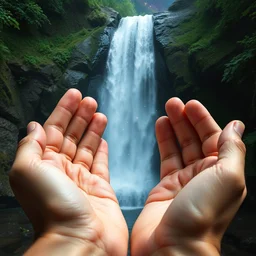 hands cupping a waterfall from the universe, photograph, realistic