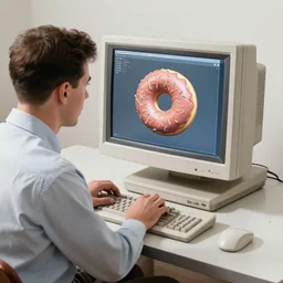 an early 1950s photo of someone on a computer making a donut in blender
