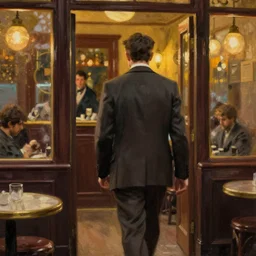 we see ewan mcgregor from behind walking inside a cafe at paris in early 2 0 th century. atmospheric feeling, warm colours, brown colours, yellow colours, epic scene, cinematic, very detailed, oil painting
