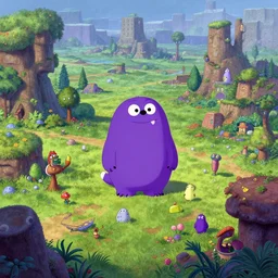 The Purple People Eater :: extremely detailed landscape, Pixar, concept art by Don Bluth :: a masterpiece by Alan Davis ::