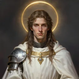 portrait of a beautiful calm and pious male aasimar cleric with a halo above his head wearing white vestments under armor, by Raymond Swanland Greg Rutkowski Lise Deharm, intricate, masterpiece, sharp, digital art, full head, ArtStation, CGStation, 8k