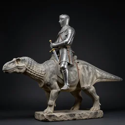 medieval Norman, circa 1300, photo of stone statue, of a night in full armor with a sword, riding an Allosaurus, romanesque style, in museum