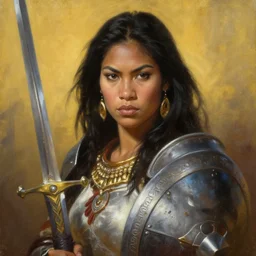 greg manchess oil matte portrait painting, polynesian female knight with beautiful face, sword and shield, wonderful masterpiece highly detailed, scifi, beautiful cinematic light deep focus, elegant, digital painting, smooth, sharp focus, golden ratio, dramatic illumination, ultra realistic, 4 k, art by greg rutkowski wlop rossdraws