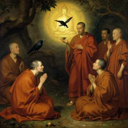 crow worshipping buddhist monks, painting by gaston bussiere, craig mullins, j. c. leyendecker, lights, art by ernst haeckel, john william godward, hammershøi,,