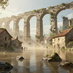flooded post - medieval village with broken aqueducts, light dust, by peter mohrbacher dan mumford craig mullins nekro, cgsociety, pixiv, volumetric light, 3 d render
