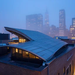 curved roof planes lift and descend creating shade and architectural expression, situated on a rooftop in manhattan, highly detailed, vivid color, high resolution photography, mist, dusk