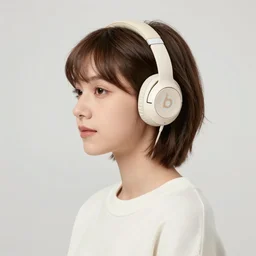 girl looking to the left, wearing beats headphones. short brown hair, white jumper. lit from the right side, orange light, highly detailed face, digital art masterpiece, smooth. artgerm jesper ejsing!