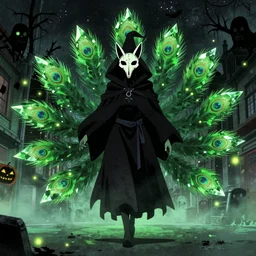 an anime cover about an undead toxic biohazard wraith like wizard with a skeletal fox shaped plague doctor face, nine massive fox crystal peacock tails, walking through foggy city under starry skies, spooky, halloween decorations, fireflies, anime, peaceful, street view, grainy, neon green, black, vhs, art by yuji ikehata, trending on art station