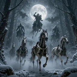 the wild hunt, otherworldly spectres riding in the sky, armored skeleton horses, bad omen, enchanted forest, blizzard storm, fog, mystical full moon, snowy environment, uneasy, in the style of the witcher series, hyperrealism, atmospheric, cinematic, enigmatic, breathtaking, award winning, groundbreaking, octane render, unreal 5, intricate digital art, sharp focus, 8 k
