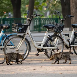 cats stealing bicycles in a park in the afternoon, telephoto, documentary shot