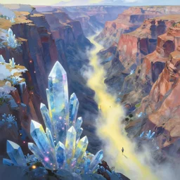a beautifully ultradetailed painting of a canyon on the side of a mountain filled with giant blue and yellow crystal shards illuminated by pastel pink fireflies, icy yellow mist, morning shot, alena aenami, raphael lacoste, makoto shinkai, 4 k, trending on artstation, aerial photography