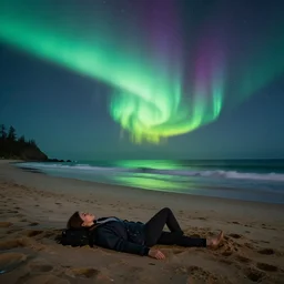 very relaxing wide shot of aurora night at sand magical beach, realistic render, vivid colors