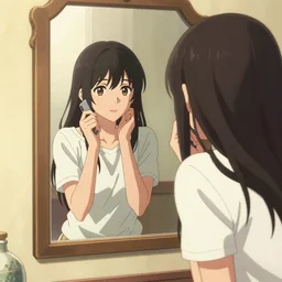 a woman is taking a picture of herself in the mirror, an album cover by lu ji, trending on cg society, aestheticism, anime aesthetic, anime, ilya kuvshinov