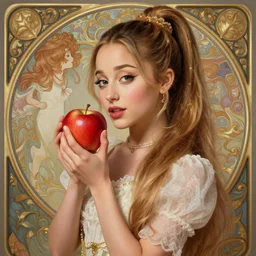 beautiful cottagecore Ariana Grande holding a Red Apple, intricate, elegant, highly detailed, digital painting, artstation, concept art, smooth, sharp, focus, illustration, art by artgerm and greg rutkowski and alphonse mucha
