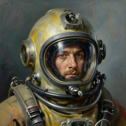 portrait of us navy mark v deep sea marine divers helmet, detailed face, detailed painting, epic lighting, by ilya repin, phil hale and kent williams