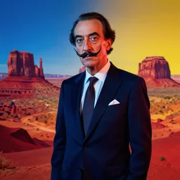 ultra realistic portrait ofa man in suit in a studio, ultra detailed, under blue, red and yellow cinematic lighting, salvador dali, cartoon, monument valley, escher