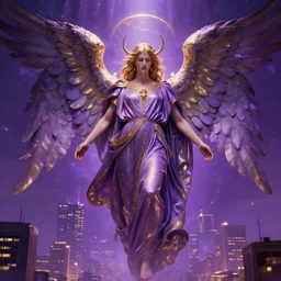 a HD photo of a gigantic biblically accurate angel over a city, purple, violet, gold, epic lighting, hyper detailed, astral