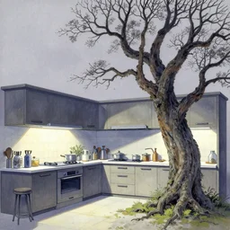 windswept scifi kitchen with lone gnarly trees. gouache by award - winning mangaka, chiaroscuro, intricate details, bokeh, backlighting, field of depth