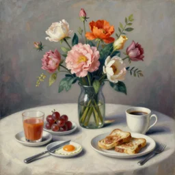 a surreal painting of a breakfast still life, flowers, by George Baselitz, symbolist, soft colors, dramatic lighting, smooth, sharp focus, extremely detailed, aesthetically pleasing composition