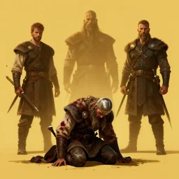 aesthetic digital illustration of a defeated viking warrior on his knees by anne stokes, greg rutkowski, and brian belle din | dirty and bloody, concept art, character concept, matte background, golden ratio, rule of thirds, golden hour lighting, unreal engine, finalrender, centered, deviantart, artgerm