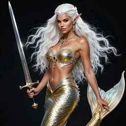 a fantast beauty detailed elf with mermaid tail adriana lima, with a curved sword, platinum white wavy long hair, white headband in the front with diamonds, jewelry body armor in golden and silver colors, pointy ears, detailed, epic masterpiece of cinematographic hyperrealism, realistic shaded lighting poster by craig mallismo, artgerm, jeremy lipkin and michael garmash, unreal engine,