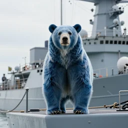 blue bear standing on a warship