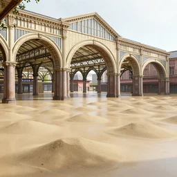 flooded victorian market, giant archways, rows of sand, by peter mohrbacher dan mumford craig mullins nekro, cgsociety, pixiv, volumetric light, 3 d render