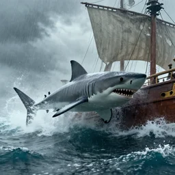 a shark attacking a ship in a rough sea, sea of thieves style, unreal engine, cinematic, waves, fog, clouds, rain