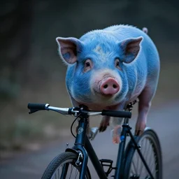 a blue pig riding a bicycle, atmospheric lighting, 4 k, realistic
