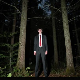 a man with tall limbs wearing a suit with red tie caught on midnight trail cam, night, tall trees, morbid, uncanny, creepypasta