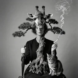 photographic portrait max ernst sad woman giraffe bonzai tree face spiraling cigarette smoke, holding an umbrella and a cat, editorial