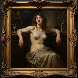 a painting of a beautiful fully clothed woman sitting inside a baroque frame but leaning out of the frame by the waist with her hands dangling down. focus, ultra - realistic, 8 k, detailed, atmospheric light, dramatic lighting, cinematic, painted, intricate, detailed, foreboding, epic, stunning, gorgeous, much wow, cinematic, masterpiece. trending on art station. by bouguereau, meredit frampton and gregory crewdson.