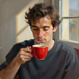 It's morning. Sunlight is pouring through the window bathing the face of a man enjoying a red cup of coffee. A new day has dawned bringing with it new hopes and aspirations. Painting by Picasso
