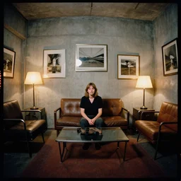 kodak portra 4 0 0, wetplate, 8 mm extreme fisheye, industrial design, award - winning portrait by britt marling in a 1 9 9 0 s room, concrete, picture frames, shining lamps, 1 9 6 0 s industrial furniture, carpet, no people
