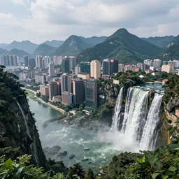 ”looking between mountains into huge city surrounded by waterfalls, detailed, beautiful, photorealistic”