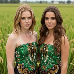 portrait of kate bekinsale and ana de armas wearing green batik tube top in a paddy field, by charlotte grimm, natural light, detailed face, canon eos c 3 0 0, ƒ 1. 8, 3 5 mm, 8 k, medium - format print, half body shot