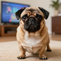 a video game pug dog who looks like a schnitzel, hyper realistic, hd