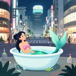 a mermaid taking a bath in the middle of shinjuku