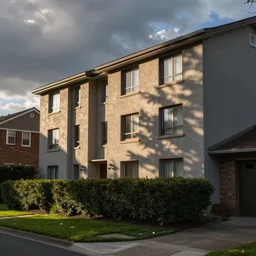 suburban apartment with hedges around it
