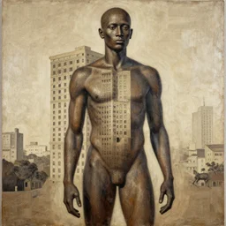 Artwork of a humanoid with a very large and visible building in the style of El Anatsui,