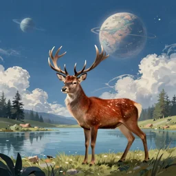 a red deer by a lake on an alien planet, digital art, soft colors, detailed, artstation, clouds, blue, deviant art, by frederic edwin church, by tyler edlin