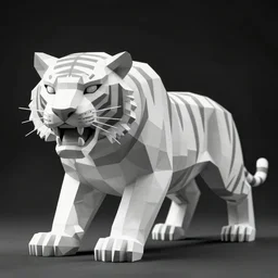 angry tiger white low polygon beqstatue shot in the dark black and white photo