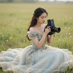 photo of an extremely beautiful woman in ornate gown in an endless ethereal meadow, 4 k, hdr, smooth, sharp, focus, hyper realistic, high resolution, award - winning photo, bokeh, graflex camera, super resolution