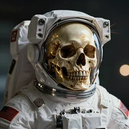 realistic skull in astronaut suit with gold linens, cinematic lighting, dramatic,  octane render, long lens, shallow depth of field, bokeh, anamorphic lens flare, 8k, hyper detailed