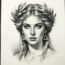 realism tattoo sketch of elisha cuthbert as a beautiful greek goddess aphrodite with piercing eyes wearing a laurel wreath and triangle earrings, in the style of greg rutkowski, amazing detail